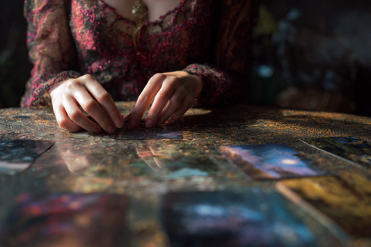 Woman laying out oracle cards for a remote card reading by Alysia Moonrise